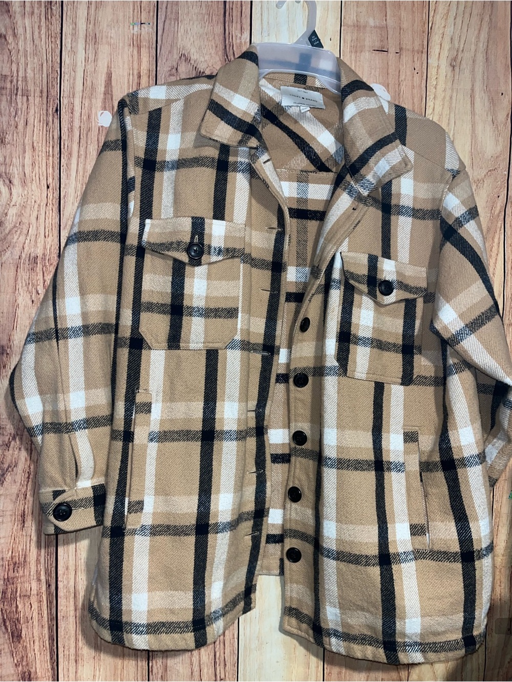 Lucky Brand Oversized Plaid Shirt Jacket Shacket Like New Black Tan